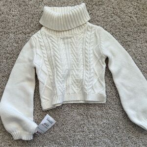 Toddler Girls White Cable Knit Turtleneck Sweater